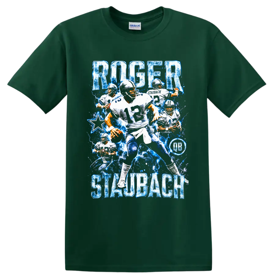 Roger Staubach Dallas Cowboys quarterback collage with blue lightning and number 12 on a Forest Green T Shirt