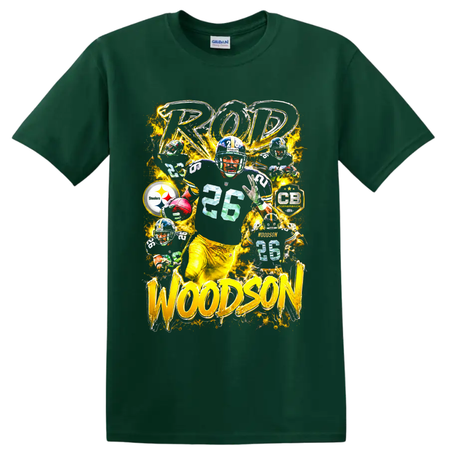 Rod Woodson No. 26 Steelers cornerback collage with gold lightning and bold lettering on a Forest Green T Shirt
