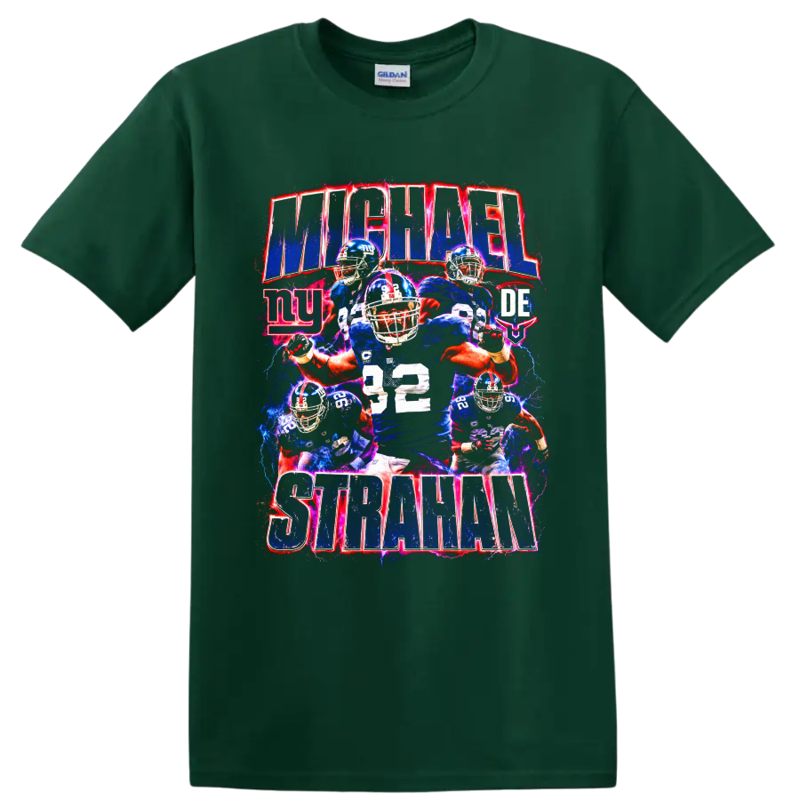 Michael Strahan number 92 New York Giants football collage with electric action effects on a Forest Green T Shirt