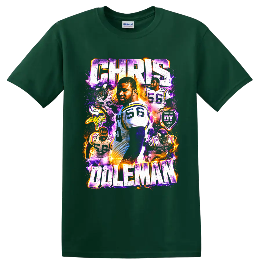 Chris Doleman Minnesota Vikings number 56 lightning football collage with CHRIS DOLEMAN on a Forest Green T Shirt