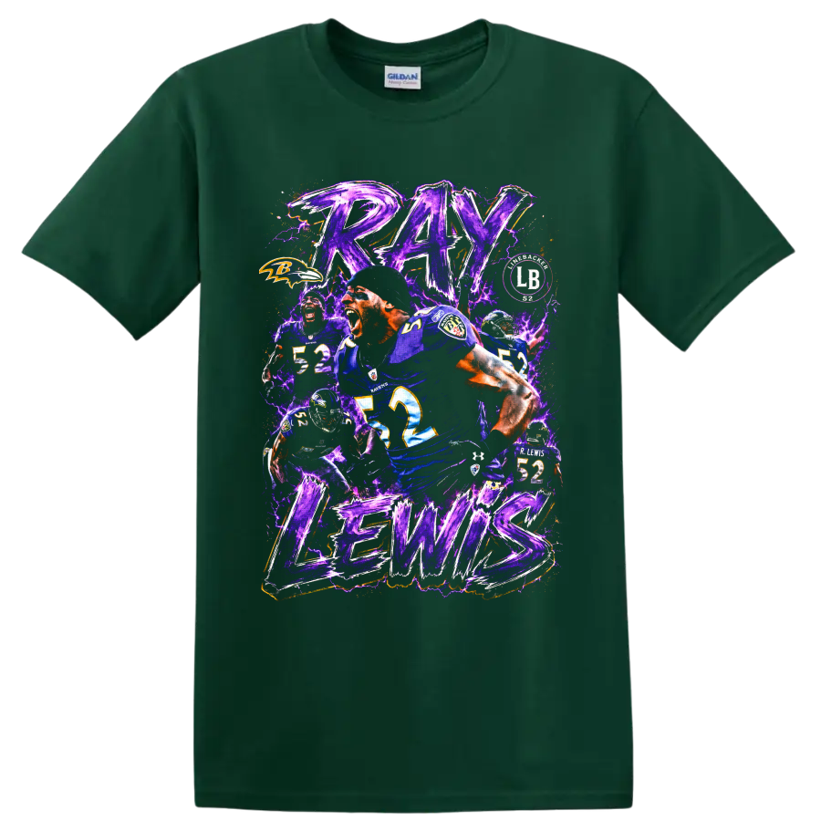 Ray Lewis Baltimore Ravens number 52 football collage with purple lightning on a Forest Green T Shirt
