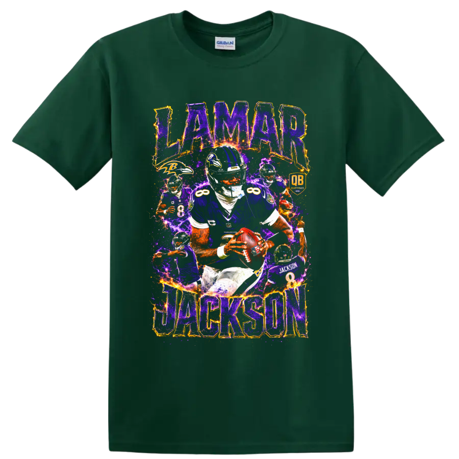 Lamar Jackson Ravens quarterback number 8 action collage with purple lightning on a Forest Green T Shirt