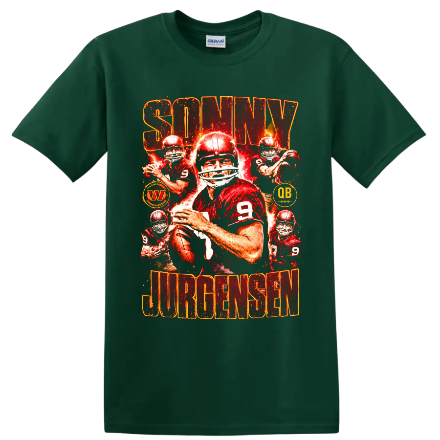 Sonny Jurgensen No. 9 quarterback collage with fiery distressed football graphics on a Forest Green T Shirt