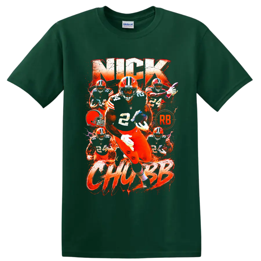 Nick Chubb Cleveland Browns running back action collage with fiery orange typography on a Forest Green T Shirt