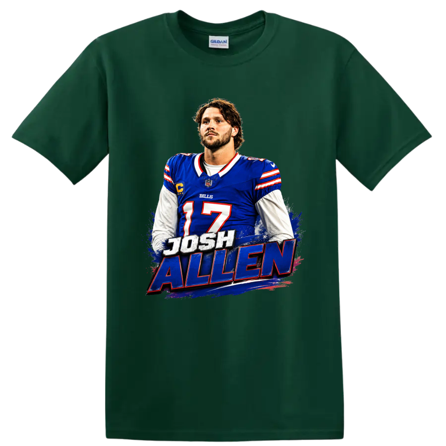 Josh Allen Buffalo Bills quarterback graphic with number 17 and distressed name lettering on a Forest Green T Shirt