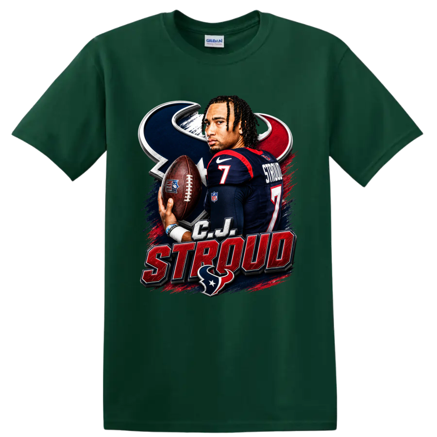 C.J. Stroud Houston Texans quarterback graphic with football, number 7, and team mark on a Forest Green T Shirt