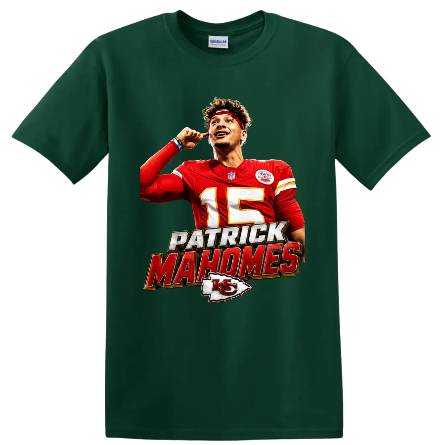 Patrick Mahomes Chiefs number 15 football graphic with bold name lettering and arrowhead on a Forest Green T Shirt