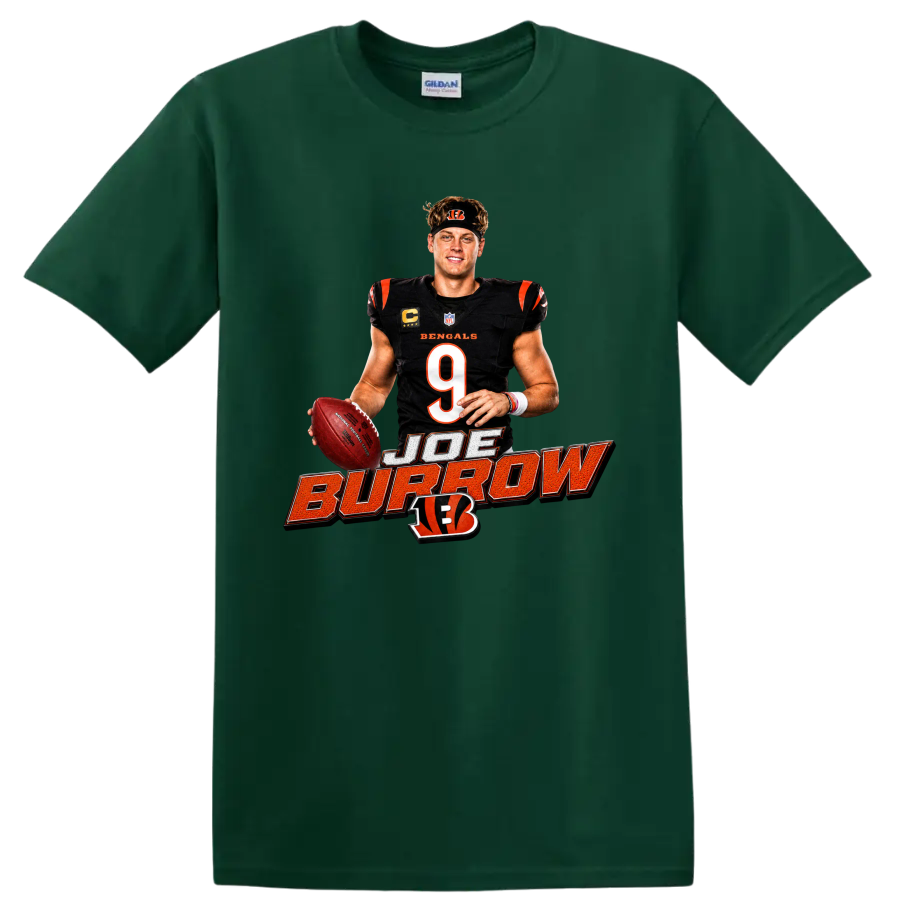 Joe Burrow Bengals quarterback graphic with number 9, football, and bold name lettering on a Forest Green T Shirt