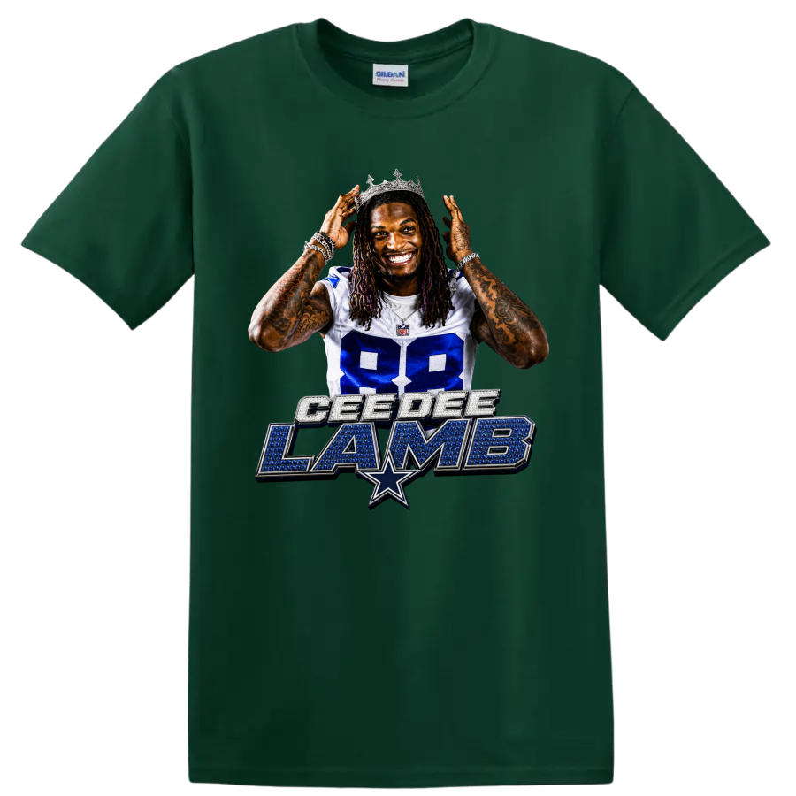 CeeDee Lamb Dallas Cowboys 88 portrait wearing a crown above jewel-style name art on a Forest Green T Shirt
