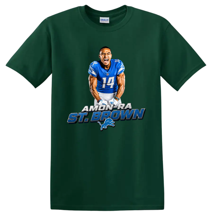 Amon-Ra St. Brown Detroit Lions wide receiver graphic with name lettering and lion emblem on a Forest Green T Shirt