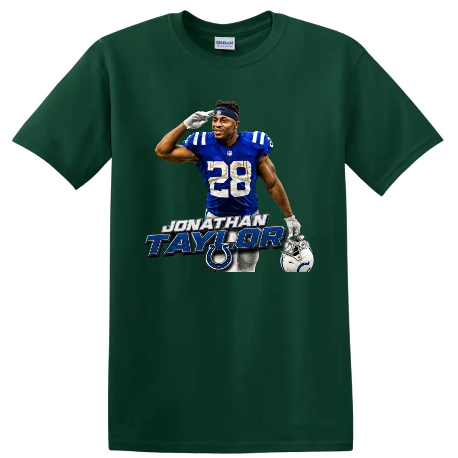 Jonathan Taylor Colts number 28 football player graphic with horseshoe emblem on a Forest Green T Shirt