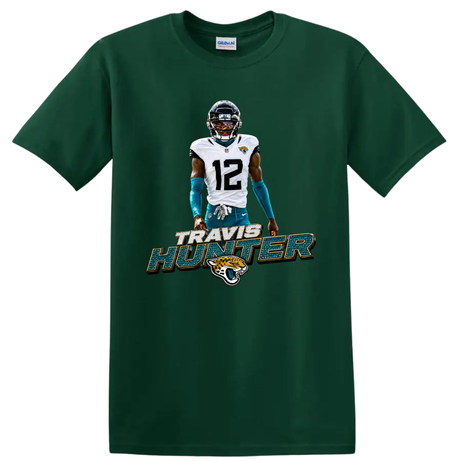 Travis Hunter Jaguars number 12 football player graphic with bold name lettering on a Forest Green T Shirt