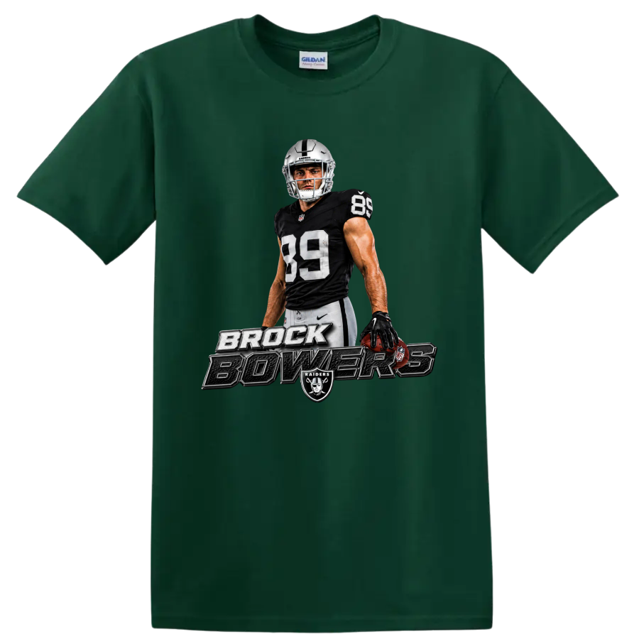 Brock Bowers Raiders No. 89 football player graphic with metallic name lettering on a Forest Green T Shirt