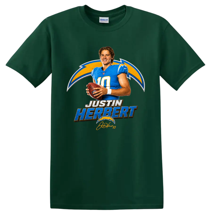 Justin Herbert Chargers quarterback graphic with football, lightning bolts, and player on a Forest Green T Shirt