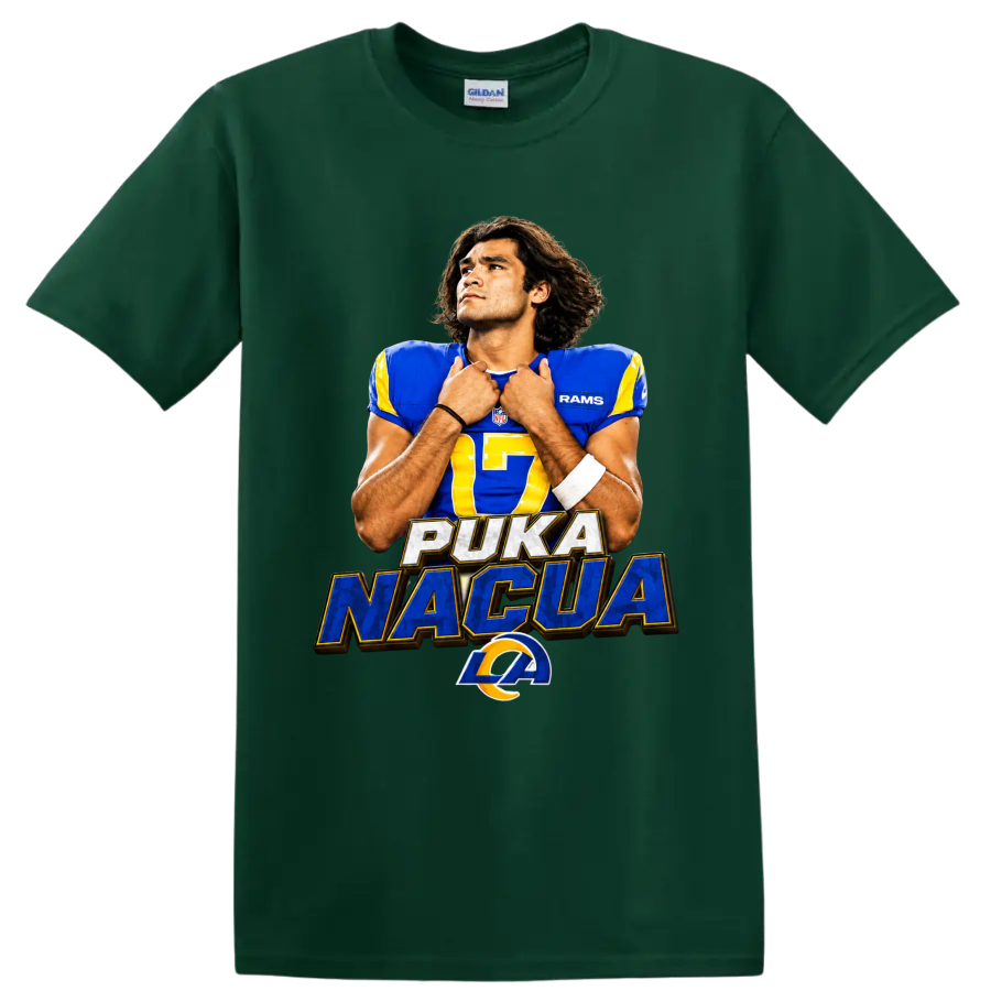 Puka Nacua Rams number 17 football portrait with PUKA NACUA text and horn emblem on a Forest Green T Shirt