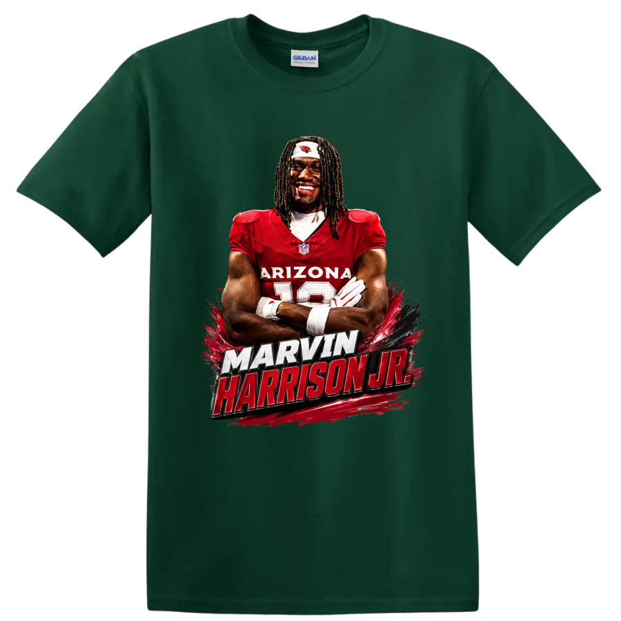 Marvin Harrison Jr Arizona Cardinals wide receiver portrait with bold name lettering on a Forest Green T Shirt