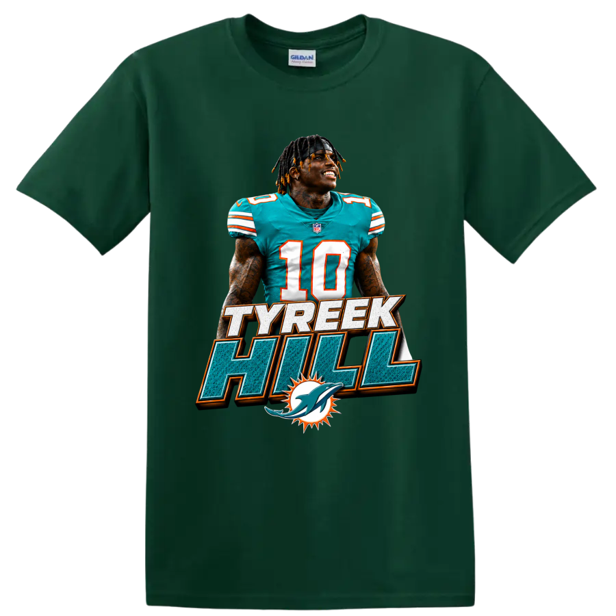 Tyreek Hill Miami Dolphins number 10 football portrait with TYREEK HILL text on a Forest Green T Shirt