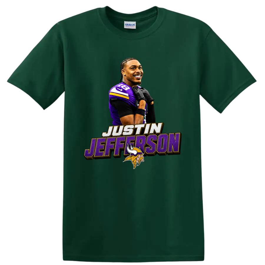 Justin Jefferson Minnesota Vikings player graphic with number 18 and name lettering on a Forest Green T Shirt
