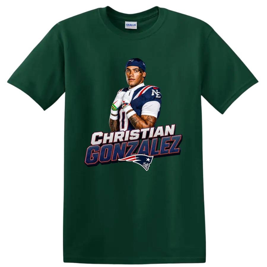 Christian Gonzalez Patriots football portrait with player-name lettering and team logo on a Forest Green T Shirt