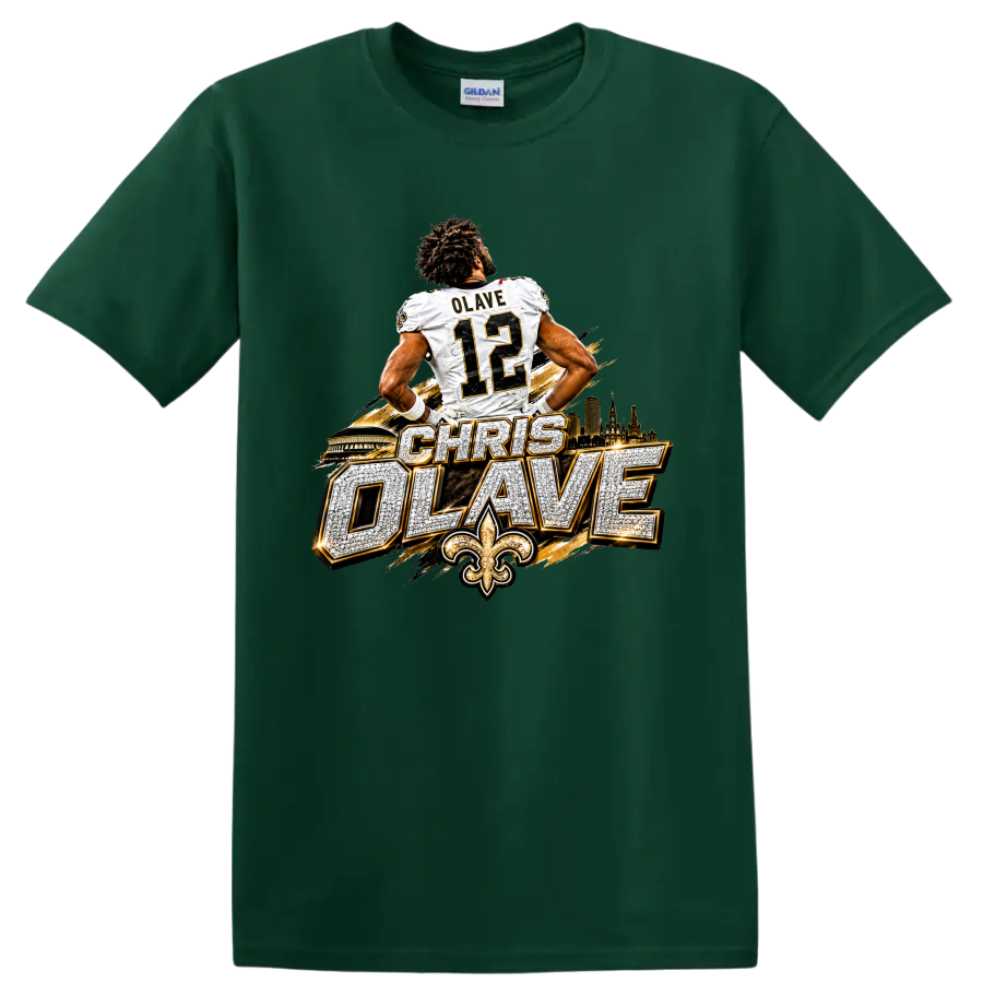 Chris Olave number 12 Saints football graphic with skyline, fleur-de-lis, and bold on a Forest Green T Shirt