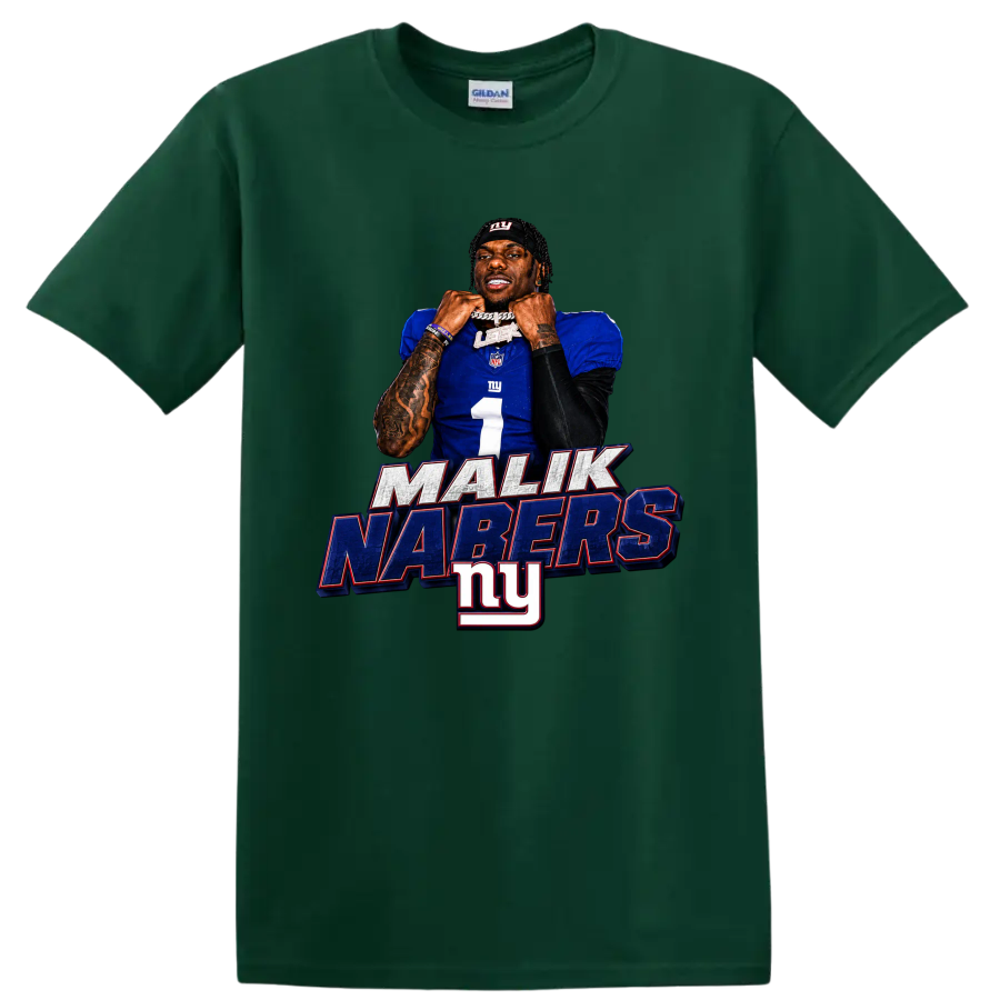 Malik Nabers New York Giants number 1 portrait graphic with MALIK NABERS lettering on a Forest Green T Shirt