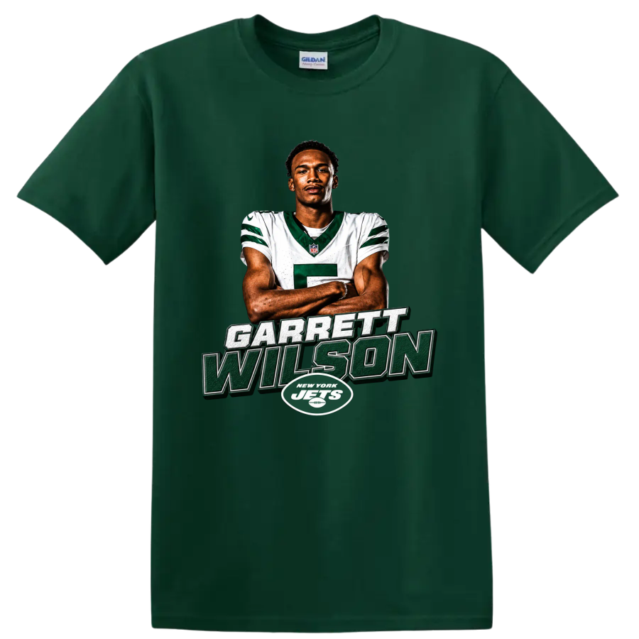 Garrett Wilson New York Jets player portrait with bold name lettering and team logo on a Forest Green T Shirt