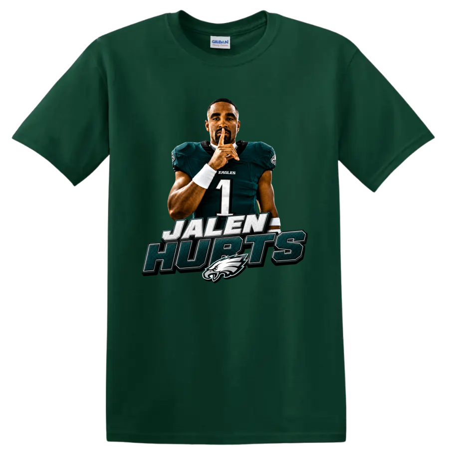 Jalen Hurts Eagles quarterback shush pose with JALEN HURTS text and bird-head emblem on a Forest Green T Shirt