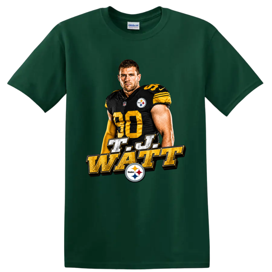 T.J. Watt Pittsburgh Steelers number 90 portrait with metallic T.J. Watt lettering on a Forest Green T Shirt