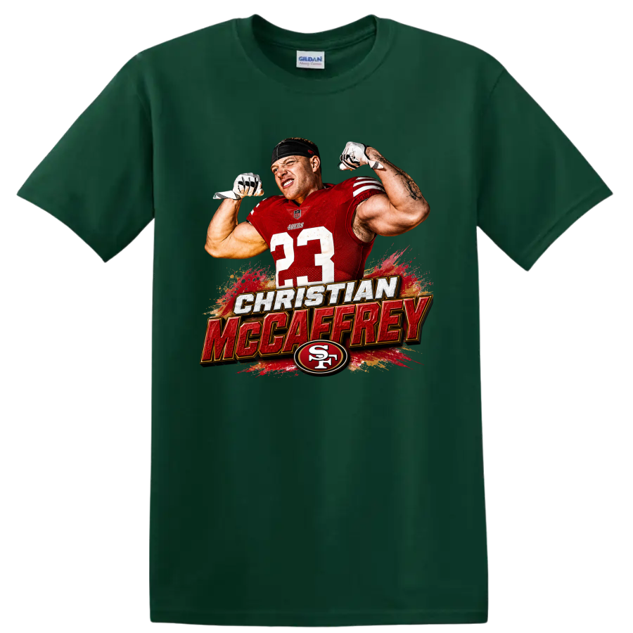Christian McCaffrey flexing in 49ers number 23 jersey with bold name graphic on a Forest Green T Shirt