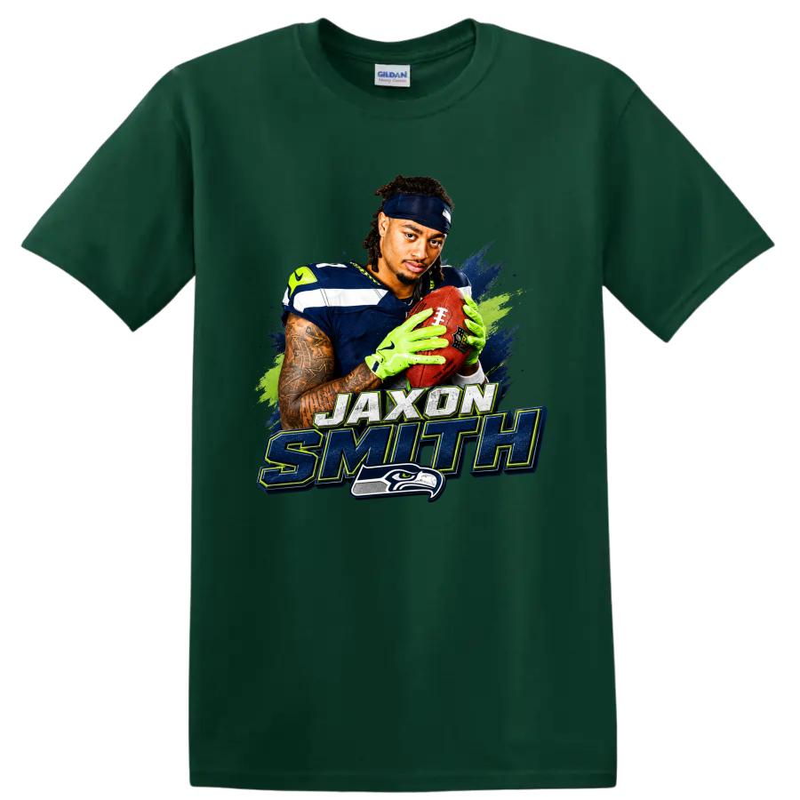 Jaxon Smith-Njigba Seahawks football portrait with distressed name lettering on a Forest Green T Shirt