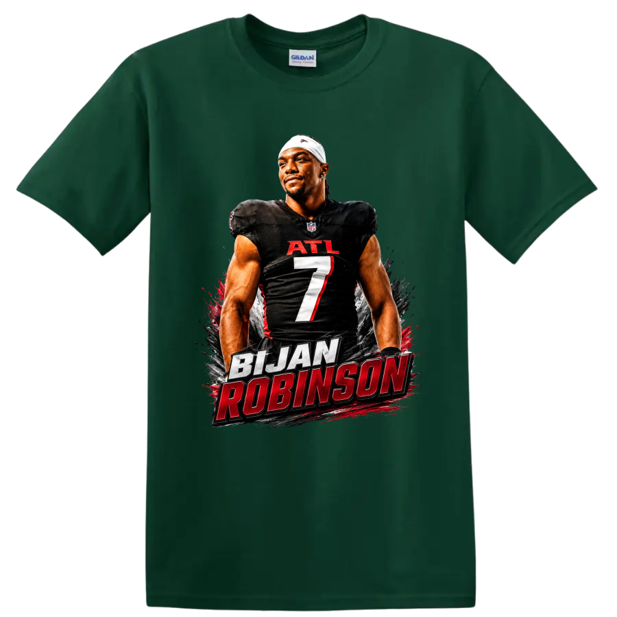 Bijan Robinson Atlanta Falcons number 7 football portrait with bold name lettering on a Forest Green T Shirt