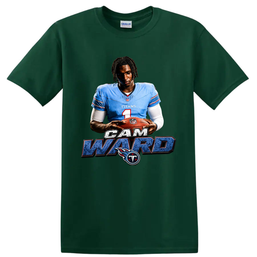 Cam Ward Tennessee Titans quarterback graphic with football, name lettering, and team logo on a Forest Green T Shirt