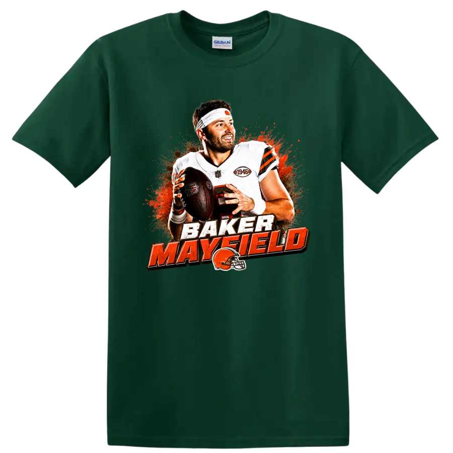 Baker Mayfield Cleveland Browns football graphic with distressed lettering and helmet on a Forest Green T Shirt