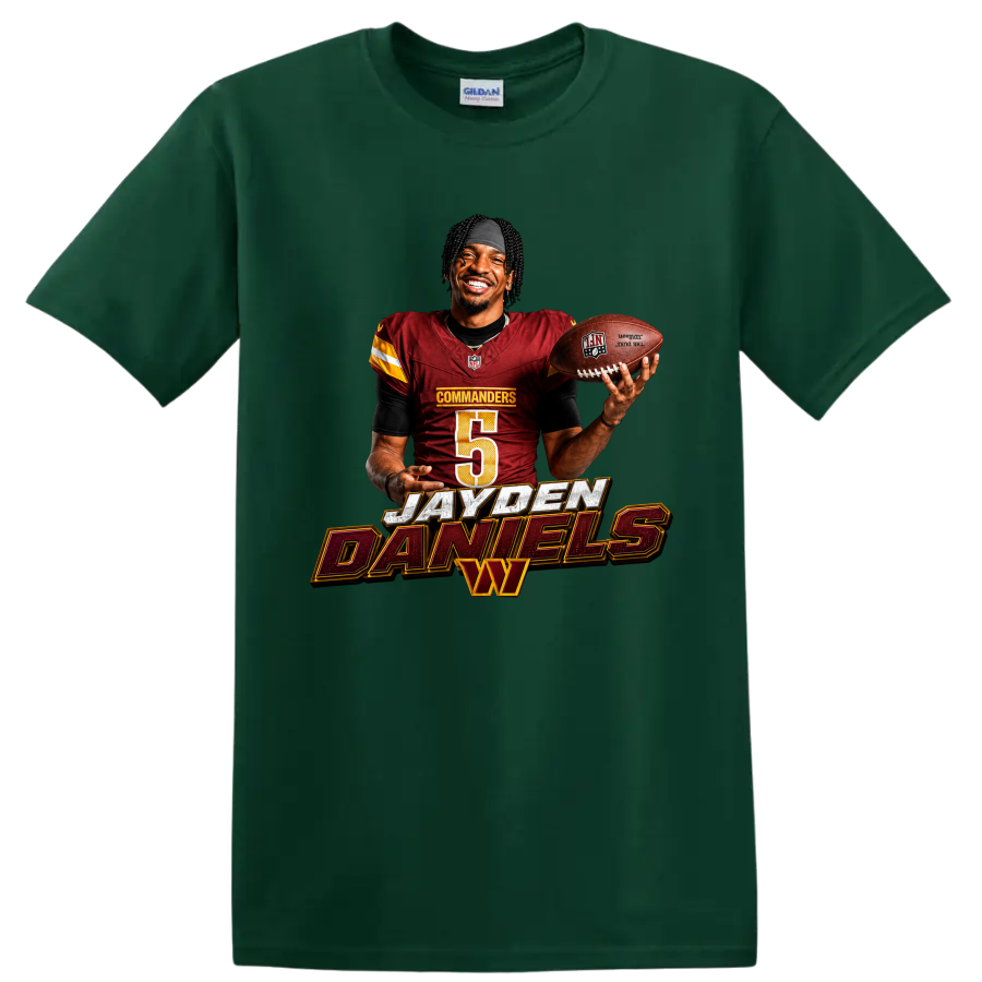 Jayden Daniels Washington Commanders quarterback graphic with football and bold name on a Forest Green T Shirt