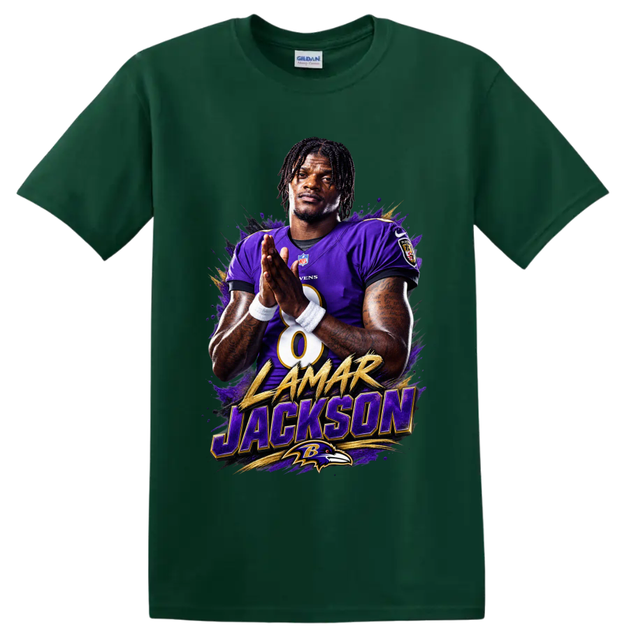 Lamar Jackson Ravens quarterback portrait with gold name text and purple paint-splash art on a Forest Green T Shirt