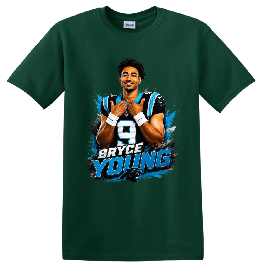 Bryce Young Carolina Panthers number 9 portrait with bold Bryce Young lettering on a Forest Green T Shirt