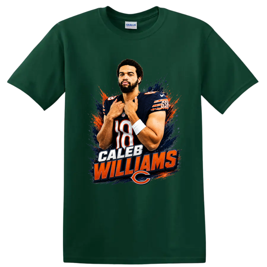 Caleb Williams Chicago Bears number 18 portrait with paint splashes and name lettering on a Forest Green T Shirt