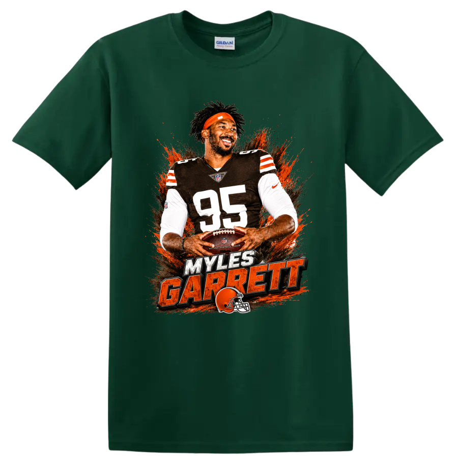 Myles Garrett number 95 Cleveland Browns football graphic with orange paint splashes on a Forest Green T Shirt