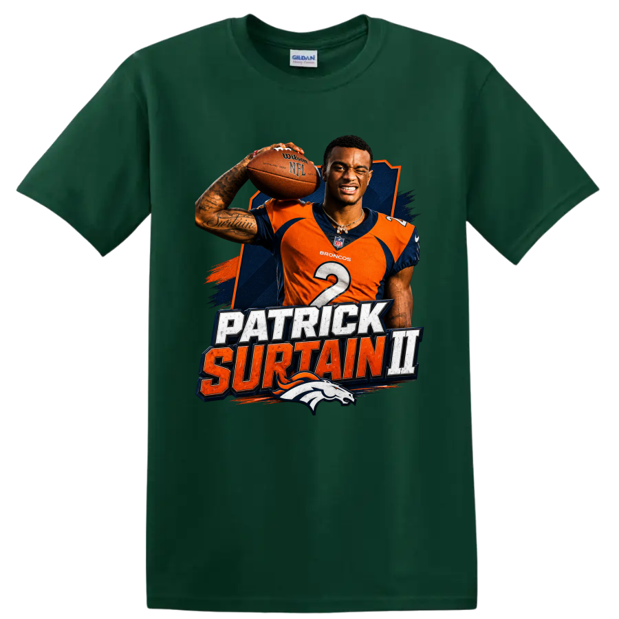 Patrick Surtain II Broncos football player graphic with distressed name lettering on a Forest Green T Shirt