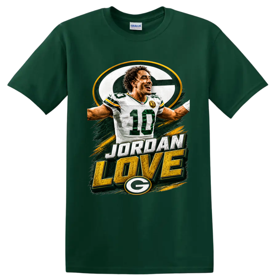 Jordan Love Green Bay Packers number 10 graphic with distressed JORDAN LOVE text on a Forest Green T Shirt
