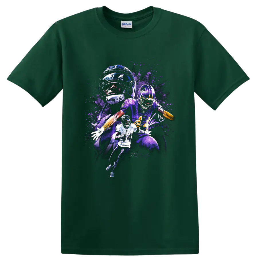 Justin Jefferson Minnesota Vikings wide receiver action collage with purple splatter art on a Forest Green T Shirt