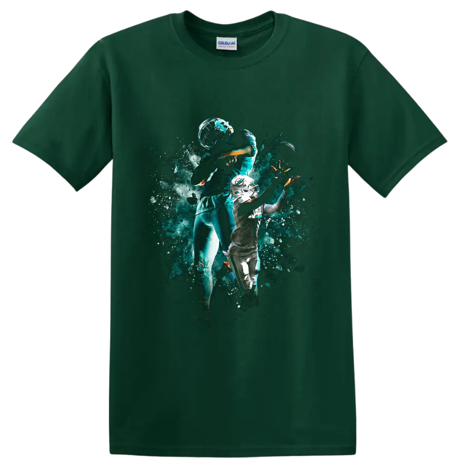 Tua Tagovailoa Miami Dolphins quarterback action art with helmet and football on a Forest Green T Shirt