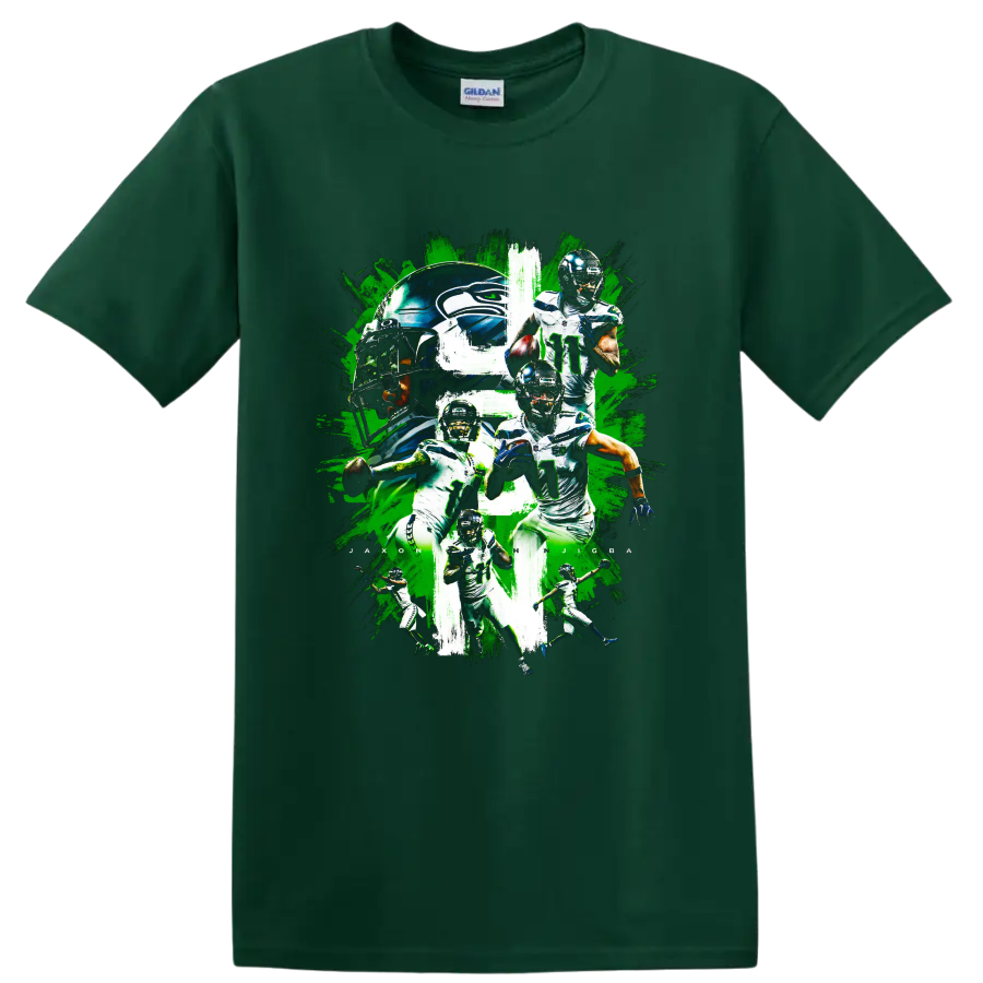 Jaxon Smith-Njigba Seahawks number 11 football action collage with helmet artwork on a Forest Green T Shirt