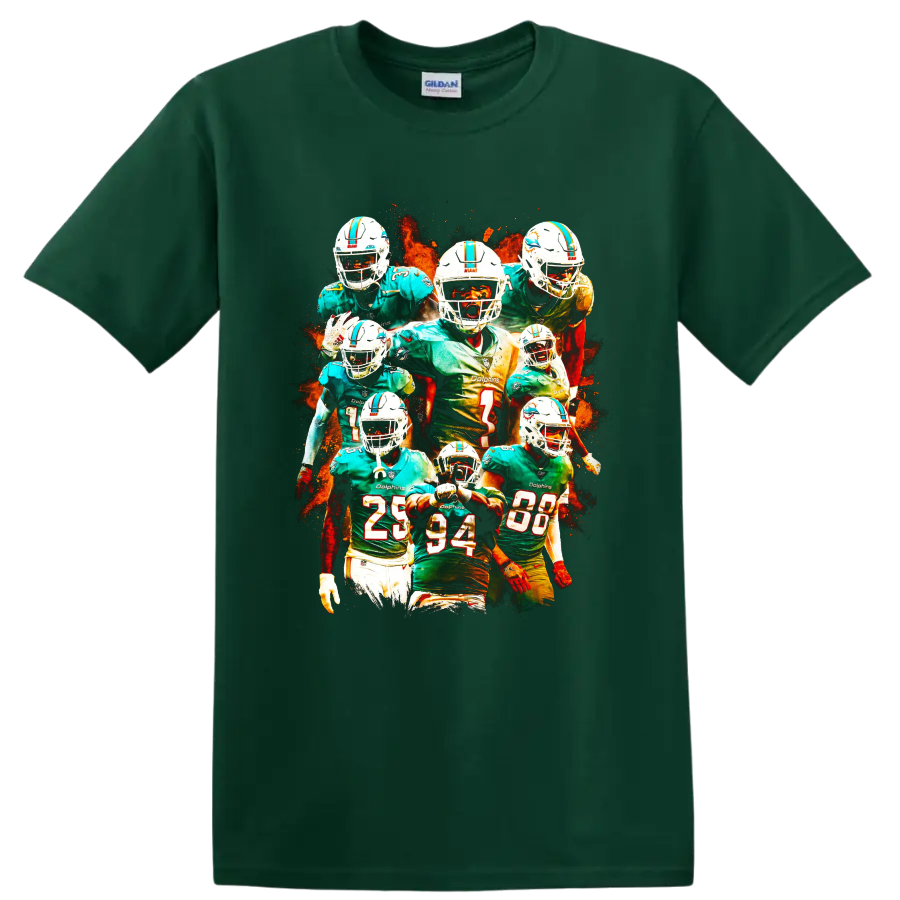 Tua Tagovailoa Miami Dolphins quarterback collage with fiery football artwork on a Forest Green T Shirt