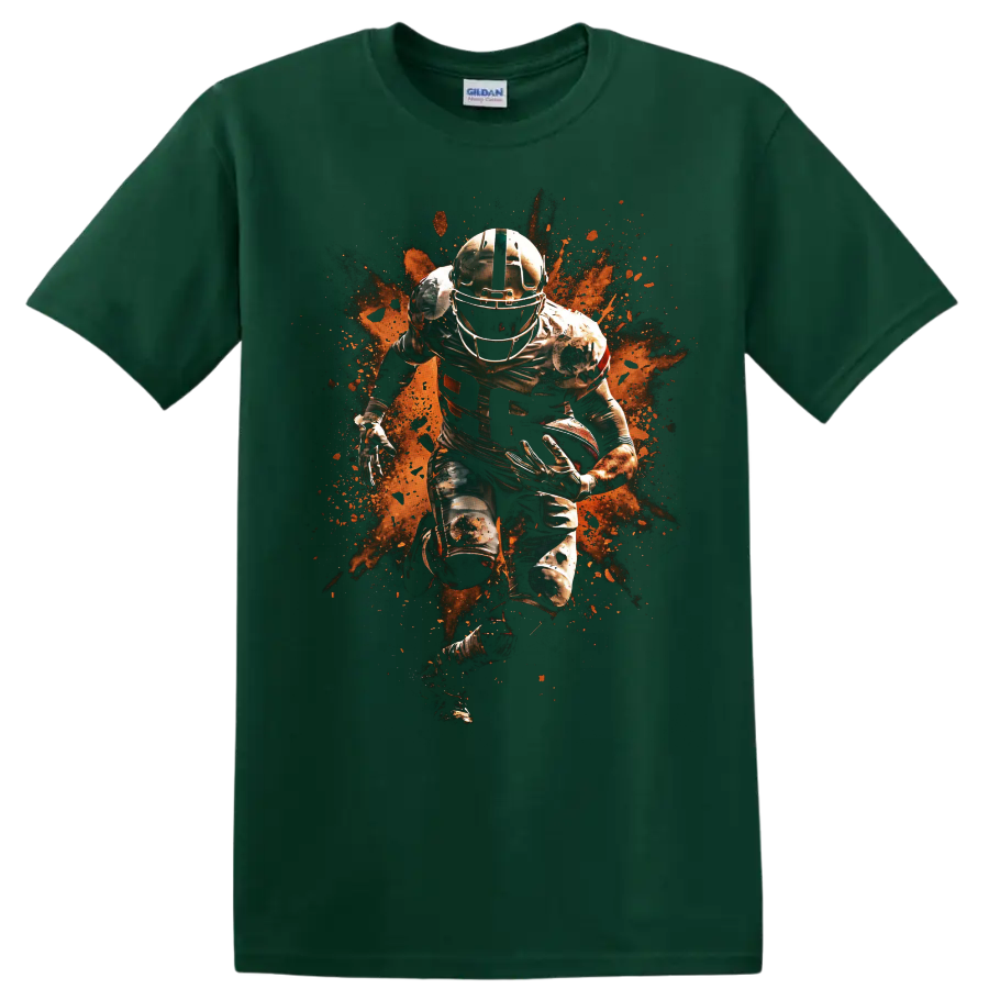 Nick Chubb Cleveland Browns running back action graphic with orange paint splatter on a Forest Green T Shirt