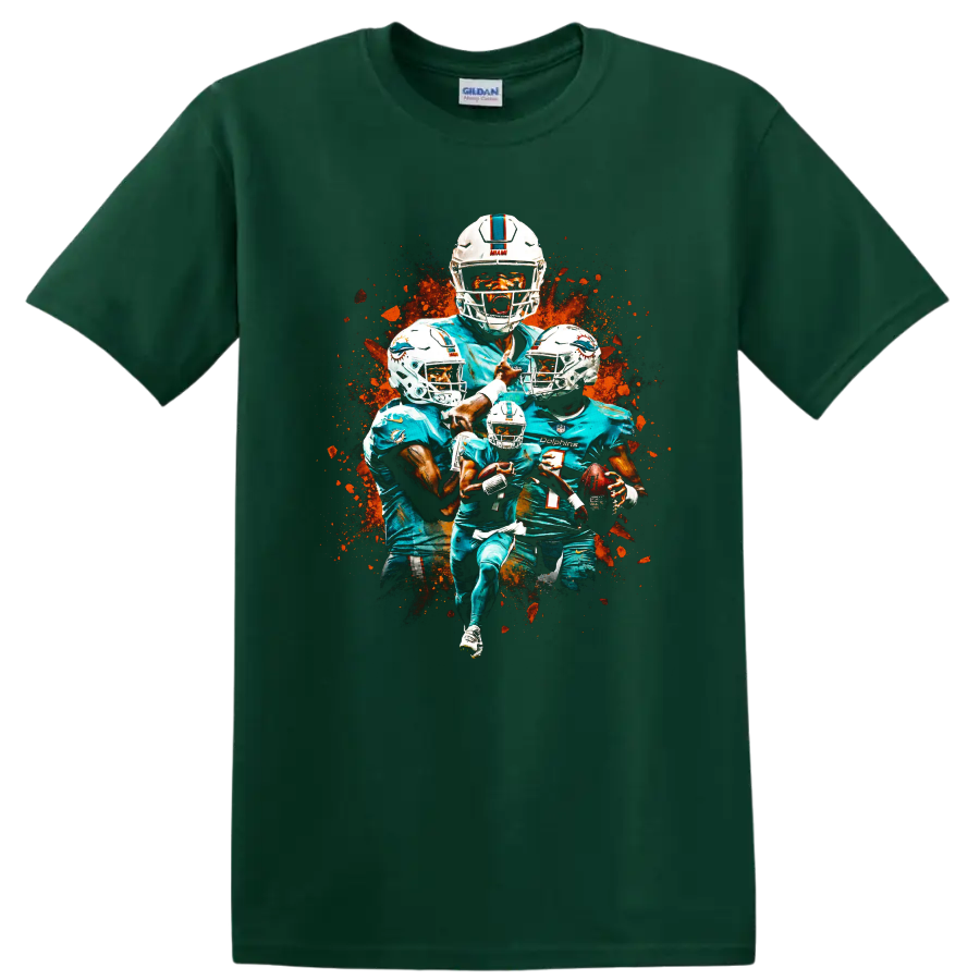Miami Dolphins Tua Tagovailoa, Tyreek Hill and Jaylen Waddle paint-splatter collage on a Forest Green T Shirt