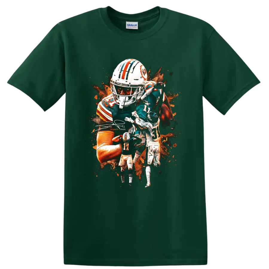 DeVante Parker Miami Dolphins action football collage with orange paint splashes on a Forest Green T Shirt