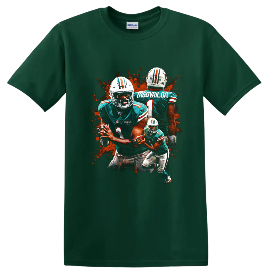 Tua Tagovailoa Miami Dolphins action graphic with layered football poses on a Forest Green T Shirt