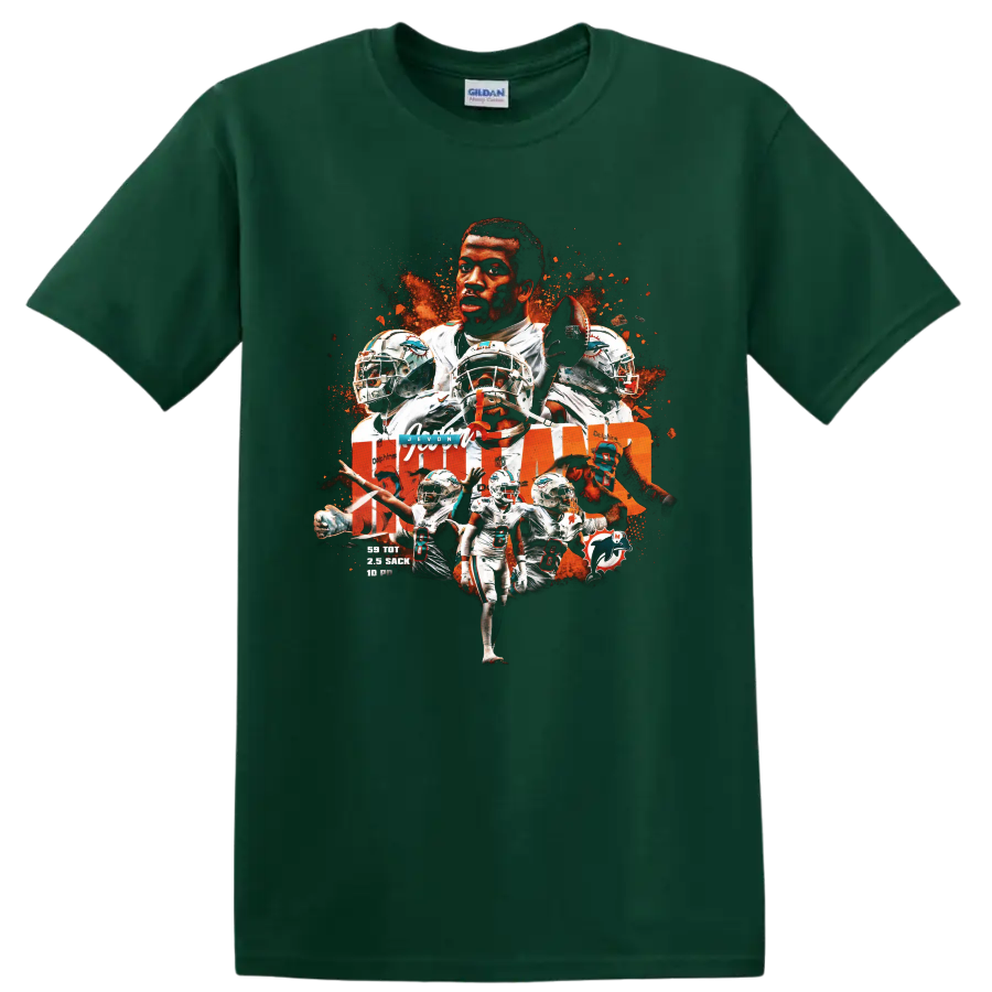 Jevon Holland Miami Dolphins safety action collage with helmets and football on a Forest Green T Shirt