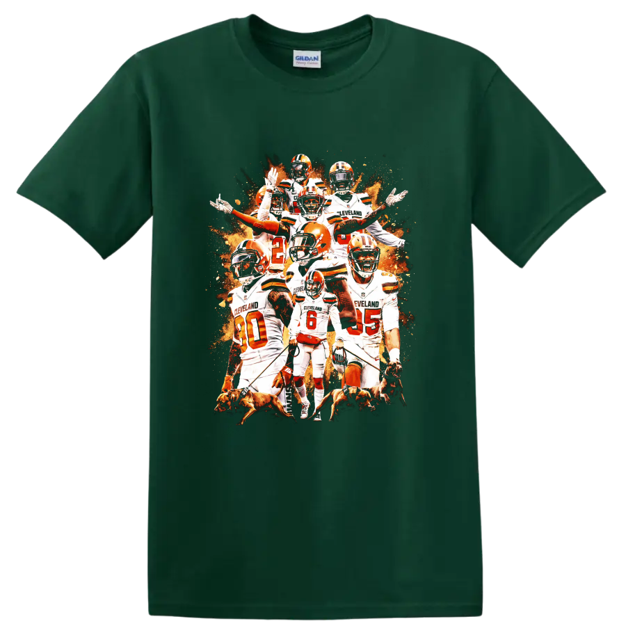 Baker Mayfield Cleveland Browns football collage with orange helmets and dogs on a Forest Green T Shirt